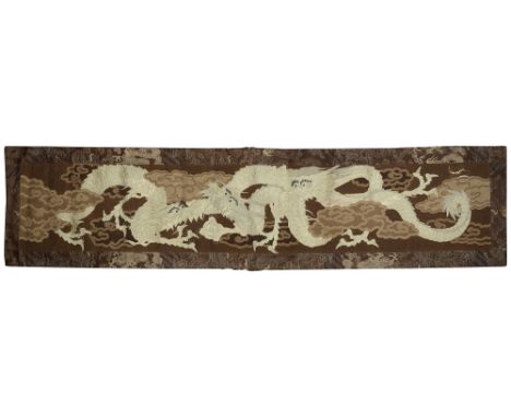 A large Japanese rectangular embroidered tapestry panelMeiji period (1868-1912) Three entwined dragons, central beast grippin