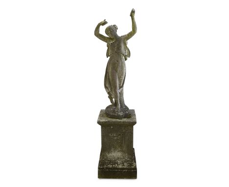 Garden statuary. A marble figure of a Dancer with Cymbals after Canova. Late 19th / early 20th century raised on a square mar