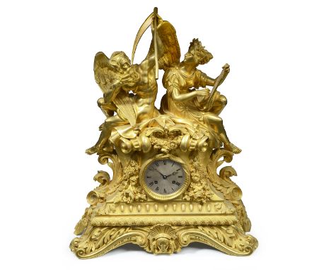 A large and impressive mid 19th century French ormolu mantel clockthe case surmounted by two allegorical  figures, the winged