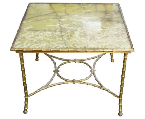 A mid 20th century French faux bamboo gilt bronze and green onyxsquare coffee table in the manner of Maison Jansen height 52.
