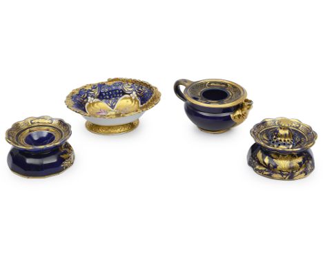 A late Georgian Mason's Ironstone mazarine blue and gilt three-piece desk set, comprising guill holder, ink stand and pounce 