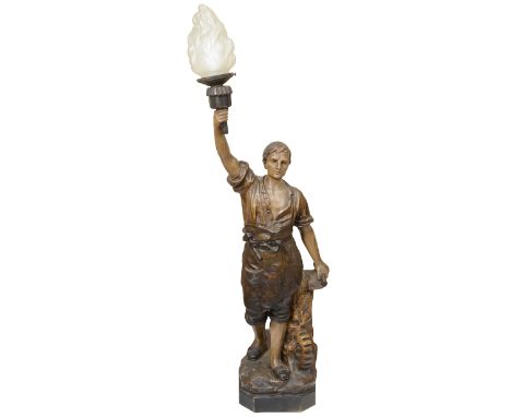 An early 20th century Austrian painted terracotta figural table lamp in the manner of Goldscheidermodelled as an artisan hold