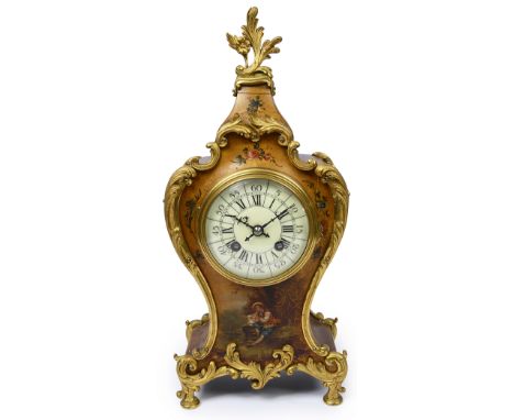 A late 19th century French Louis XV vernis martin style mantle clockcircular cream enamel dial with black Roman numerals, min