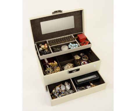 A jewellery box containing costume jewellery, including silver kiwi brooch, two  silver anchor brooch, pewter fox brooch sign