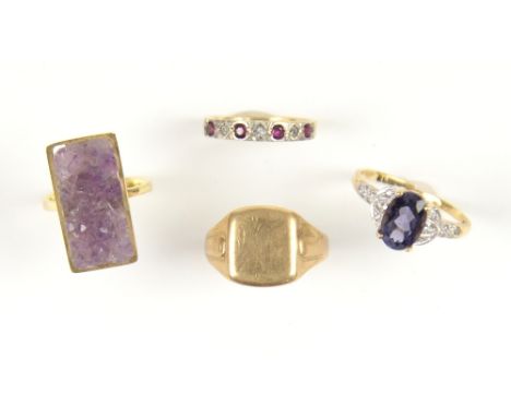 Four gold rings, one set with rectangular amethyst crystal panel, mount stamped 14 ct, ring size I, another signet, size P, r