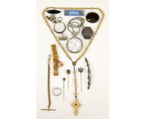 A group of items to include an antique paste brooch set in silver and gold stanhope carved bone rosary, Viking ship silver br