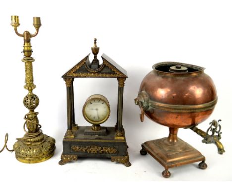 19th century portico clock,  copper samovar, and  a brass lamp .    