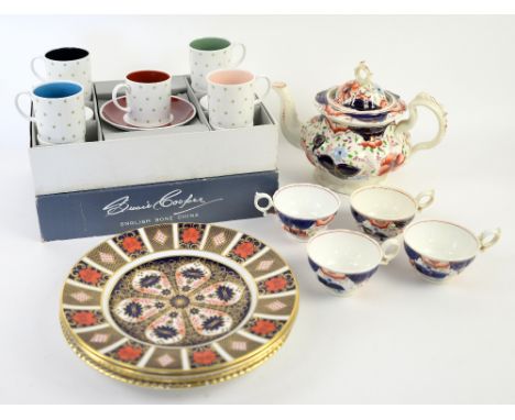 Four Royal Crown Derby plates, two Susie Cooper coffee sets, 19th century part tea service and other ceramics.    