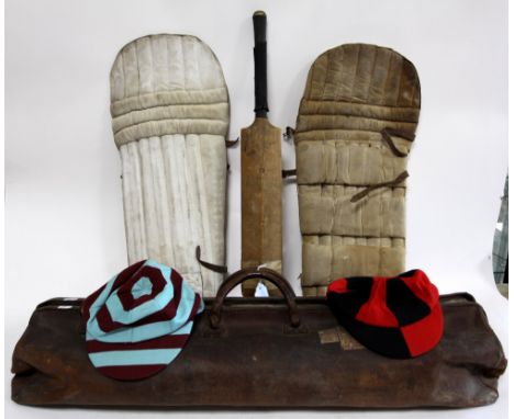 Vintage childs cricket set and two school caps, and a leather bag .    