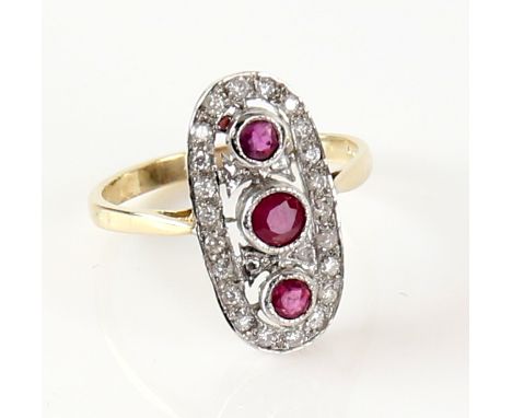 Ruby and diamond set plaque ring with three millgrain set rubies within a border of brilliant cut diamonds in white and yello