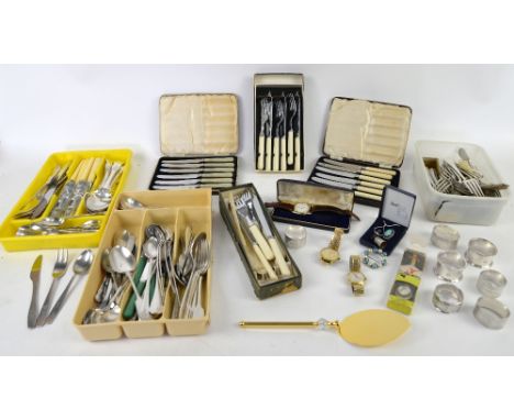 Collection of silver napkin rings and a quantity of silver-plated items, mainly flatware, and a child's Rupert Bear knife/for