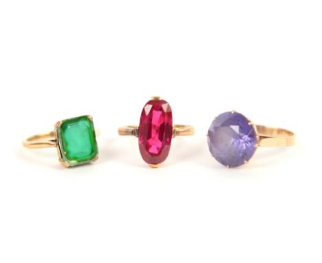 Three gold rings, set with synthetic stones, ruby ring, testing as 18 ct, ring size N, colour change sapphire, testing as 14 