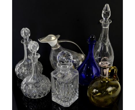  Modern Bristol blue glass decanter, four other decanters and two jugs.    