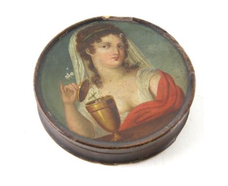 Stobwasser style papier mache round snuff box painted with a depiction of Pandora in classical dress lifting the lid of a jar