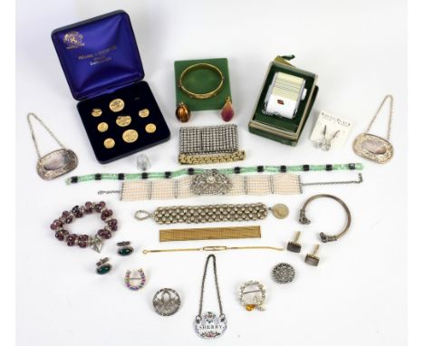 Large collection of costume jewellery, including brooches, bead necklaces, enamel badges, cufflink, decanter labels and other