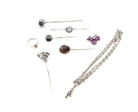 Star sapphire, set brooch and a collection of antique silver set jewellery, an amethyst set clover leaf brooch, blue John and