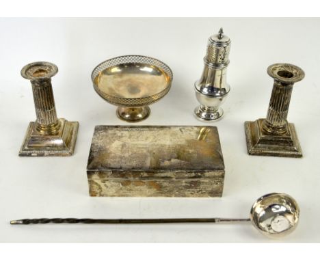 Silver toddy ladle, pair of candlesticks, bowl, cigarette box and castor,.    