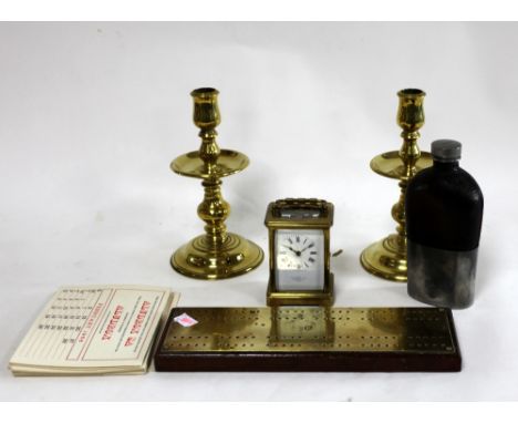 French brass carriage clock, pair of brass candlesticks, a cribbage board, leather and pewter hip flask and small quantity of