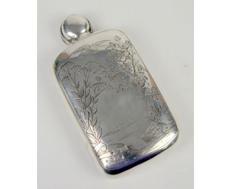 Victorian silver 'Hall's Patent' horizontal hip flask by James Dixon &amp; Sons, engraved with a Japanese landscape,  London 