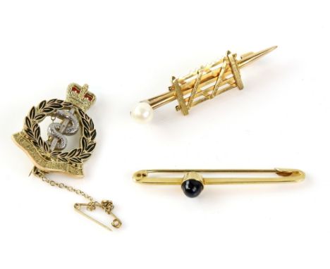 Three brooches, one with central gate design, set with white cultured pearl, testing as 18 ct, 5 x 1.3cm, another set with  c