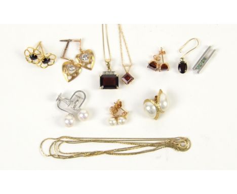 A mixed group of gold jewellery, two garnet pendants, blue gem set pendant, a pair of pearl earrings, with screw back fitting