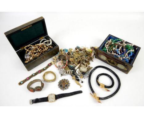 Large quantity of costume jewellery,  a jewellery box, bead necklaces, oval pewter brooch, gents Timex watch, base metal neck