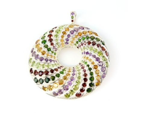 Multi gem set pendant, set with amethyst, cirtine, peridot, garnets set in a swirl pattern, circular design with vacant centr