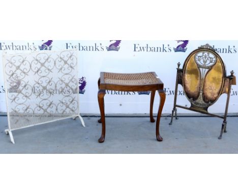 Brass and silver plated fire screen, another and a stool .    