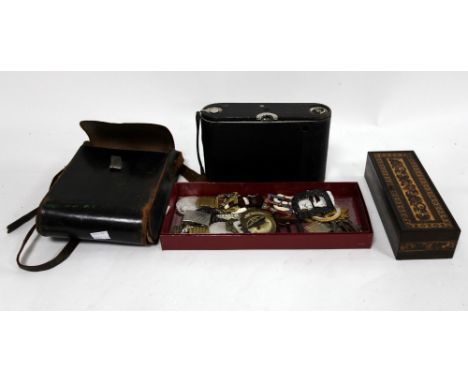Tonbridge ware box, Kodak camera and a collection of buckles.    