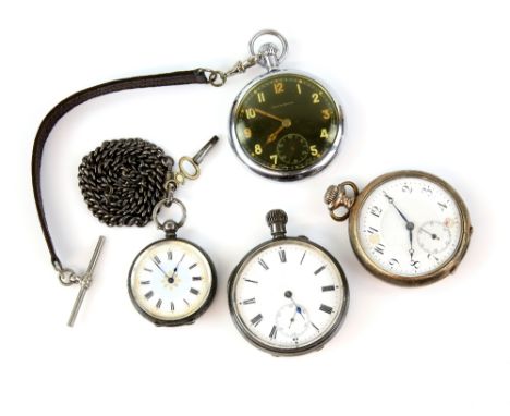 Military Issue open faced Leonidas pocket watch and three other pocket watch and silver Albert chain.    CONDITIONLeonidas is