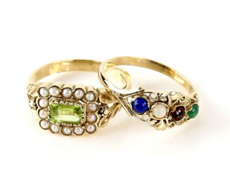 Two gem set rings, one set with peridot and pearl, ring size O and another, spelling Love in gemstones set with Lapis, Opal, 