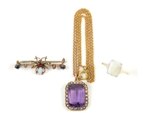 Amethyst and rose cut diamond pendant, on a belcher link chain, with and opal ring, size N and a Victorian gem set bug brooch