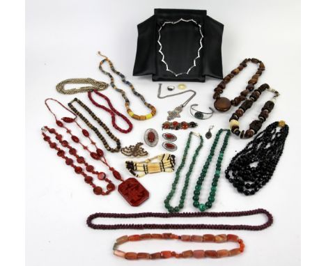 Box of costume jewellery, including silver necklet, red paste ring set in silver, ring size N, silver bangle, malachite, tige