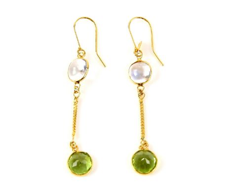 Pair of peridot and moonstone drop earrings, top cabochon opal connected to the faceted peridot by an interwoven gold rope, g