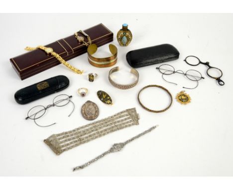 Collection of costume jewellery, including silver woven bangle, Victorian oval pendant, filigree bracelet, ladies watches, br