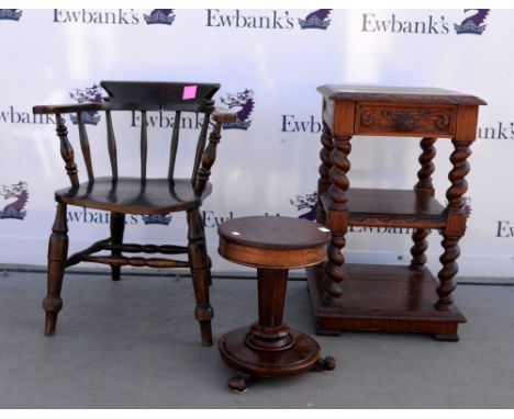 Oak two tiered table, piano stool and a captains chair .    