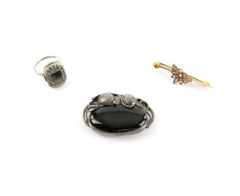 Edwardian seed pearl set butterfly bar brooch, in 15 ct, marcasite set ring, size M, onyx floral brooch, both mounted in silv