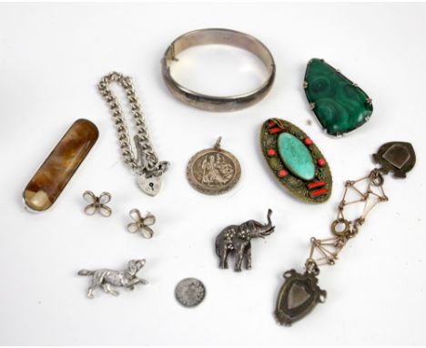 A group of  jewellery, including a silver Hot Diamonds bracelet in box, malachite brooch, silver bangles, charm bracelet, ele