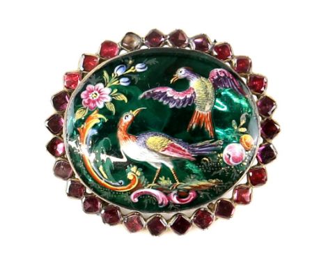 Georgian foiled back paste brooch with painting of two exotic birds on paste within a garnet set border, a Chinese gold brooc