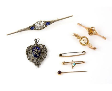 Victorian gold bar brooches, white metal and enamel pendant with paste stones and other items .    