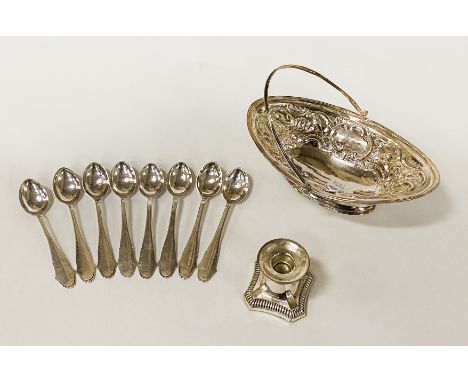 GEORGIAN H/M SILVER RAISED BOWL WITH HANDLE, H/M SILVER TEASPOONS &amp; A WEIGHTED CANDLESTICK (8OZS APPROX EXC WEIGHT OF CAN