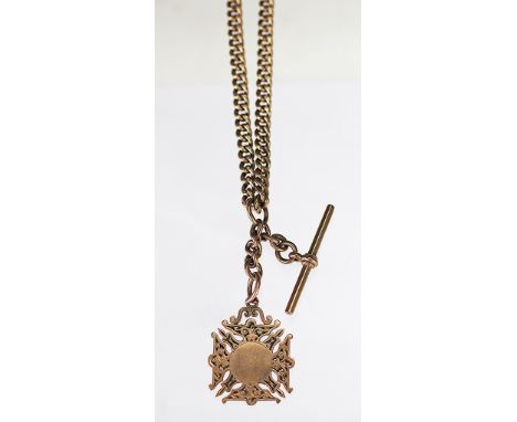 A 9ct yellow gold double albert chain, of uniform curb link with central T bar an attached fob and two swivels, 40.5cm long, 