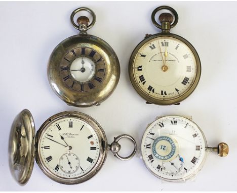 A silver half hunter pocket watch, enamel Roman numeral dial with subsidiary seconds, case Birmingham 1900, a J. W. Benson si