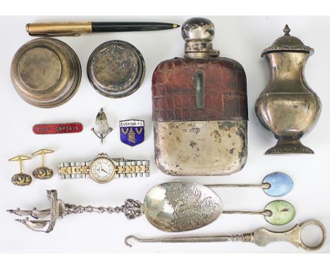 A collection of assorted silver and plate, to include; a silver hip flask James Dixon & Sons Ltd, Sheffield 1916, with crocod
