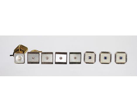 A collection of assorted shirt studs to include; A set of four with diamond set centre and mother of pearl panel, stamped to 