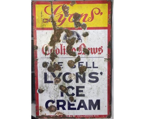 A Lyons' enamel advertising sign 'Cooling News, We Sell Lyons' Ice Cream' (at fault) 88cm x 57cm