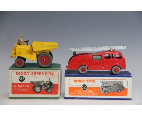 Dinky Toys No. 555 Fire Engine, with extending ladder, blue box, a Dinky Supertoys Dumper Truck No. 562, cardboard and green 