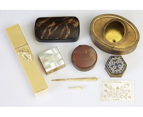 A collection of miniature boxes, to include; an agate set circular box, a gilt metal oval box, a simulated tortoiseshell papi