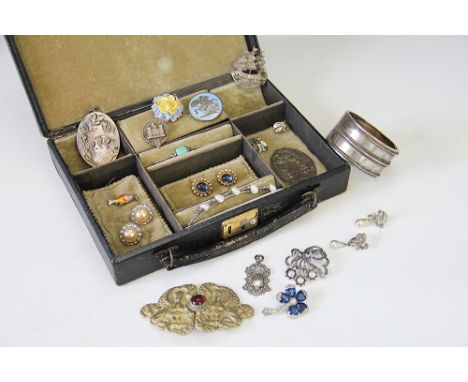 A collection of jewellery to a jewellery box, to include; a hinged bangle, paste set brooches, a filligree Neff brooch, assor