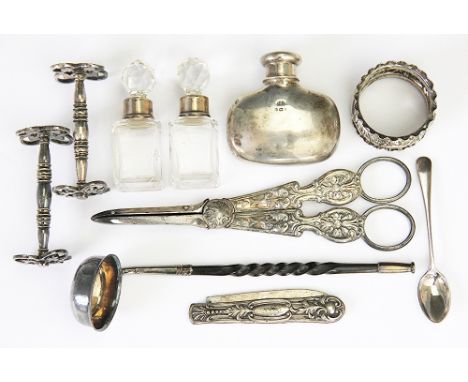 A collection of silver and plate, to include; a small silver flask Deakin and Franics, screw top, 6cm high, a pair of silver 